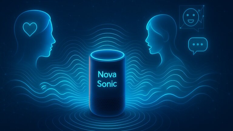 A futuristic digital concept artwork showcasing the essence of voice AI evolution. At the center is a sleek, glowing speaker device labeled “Nova Sonic,” emitting dynamic soundwaves that ripple through a deep-blue background filled with data streams and neural network lines.