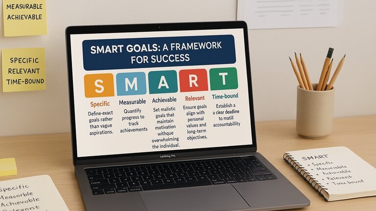 A modern digital workspace featuring a laptop displaying a colorful infographic titled “SMART Goals: A Framework for Success.” The infographic clearly outlines each element—Specific, Measurable, Achievable, Relevant, and Time-bound—using icons and concise descriptions.
