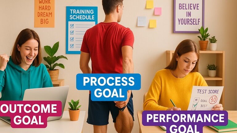 Three people pursue outcome, process, and performance goals in a bright room with colorful decor and work materials.