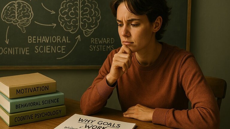Person studies goal-setting psychology with books, notes, and brain diagrams showing motivation and behavior concepts.