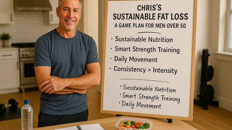 Fit man over 50 stands by a whiteboard titled “Fat Loss Game Plan” with notes on sustainable habits, nutrition, and exercise.