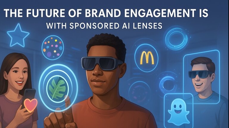 Person using AR glasses interacts with floating branded content powered by AI, representing the future of brand engagement with sponsored AI lenses.