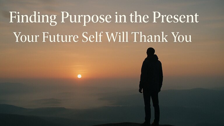 A person stands on a mountain cliff at sunrise, gazing at the horizon in quiet reflection. The sky glows with soft orange and blue tones. Text reads: “Finding Purpose in the Present: Your Future Self Will Thank You.”