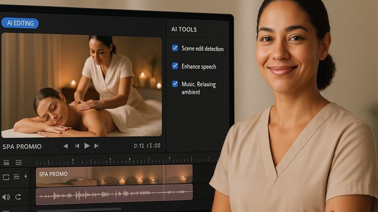 A spa professional stands confidently beside a computer screen displaying Adobe’s AI video editing interface. The screen shows a relaxing massage scene being edited with features like scene detection, speech enhancement, and ambient music. The overall vibe is calm, professional, and tech-savvy.