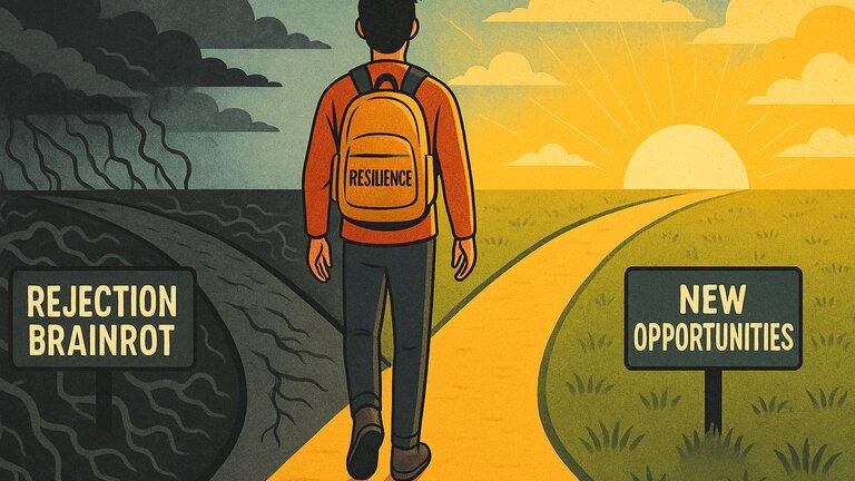 A person with a backpack labeled "Resilience" stands at a fork in the road, choosing between a dark path marked “Rejection Brainrot” and a sunny trail labeled “New Opportunities.”