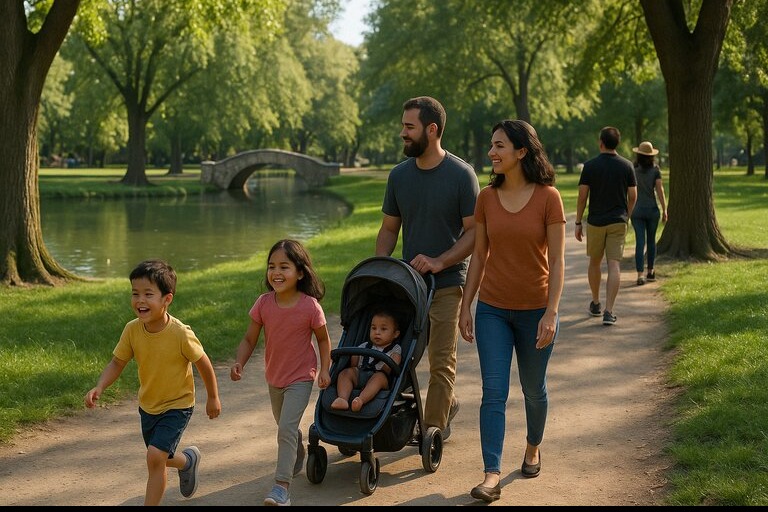 Families enjoy a sunny walk through a green park, with kids running, a stroller being pushed, and a peaceful pond and stone bridge in the background.
