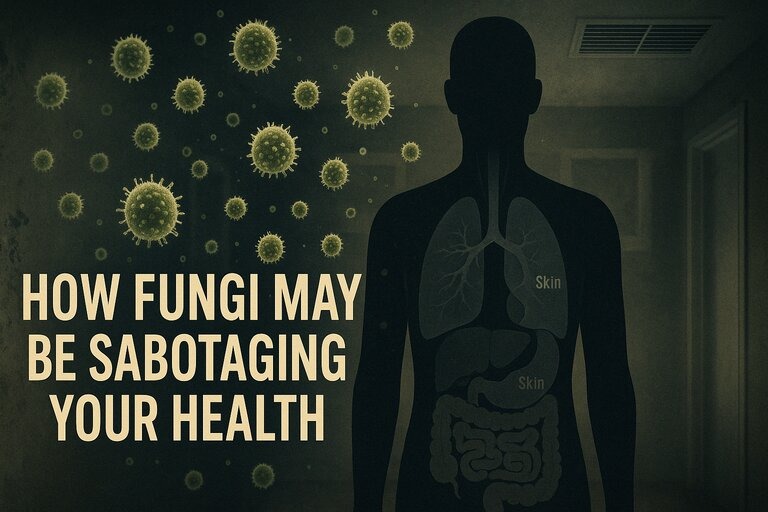 A shadowy human figure with visible organs is surrounded by floating fungal spores in a dim room with mold, highlighting hidden health risks from fungi.