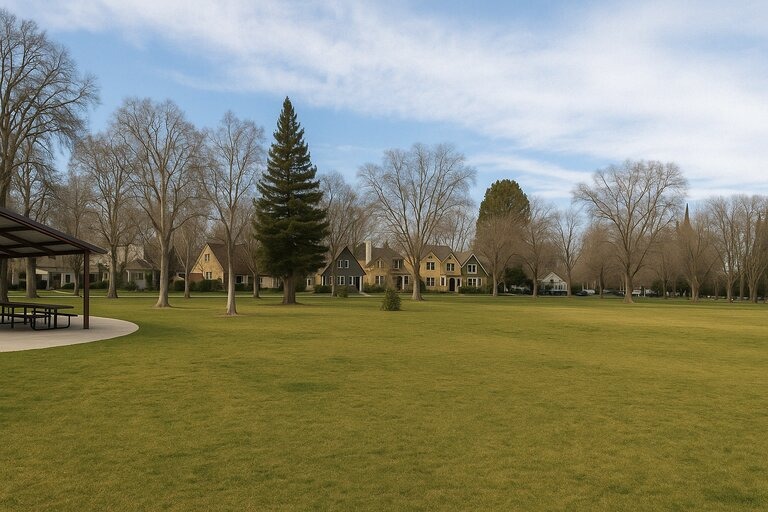 A wide suburban park with a large grassy field, scattered trees without leaves, a covered picnic area on the left, and a row of charming homes in the background under a partly cloudy sky.