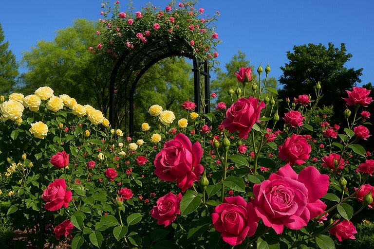 A vibrant rose garden in full bloom features rich pink and soft yellow roses surrounded by lush green leaves. A black metal arch covered in climbing roses stands in the background beneath a clear blue sky and tall trees, creating a serene and colorful spring scene.