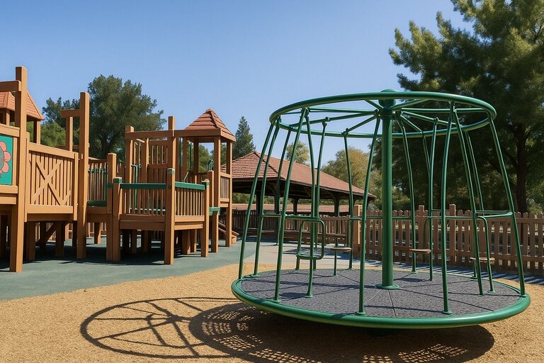 A sunny playground scene with a large wooden play structure featuring red-brown and green accents, a circular green metal merry-go-round in the foreground, and tall trees providing shade in the background. A tan mulch ground covering and a clear blue sky complete the cheerful setting.