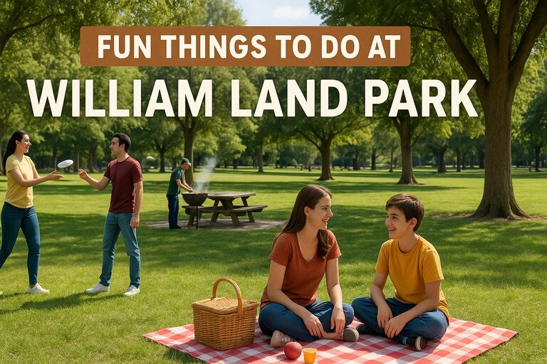 Families enjoy a sunny day at William Land Park with picnics, barbecuing, and tossing a frisbee beneath the shade of tall trees.