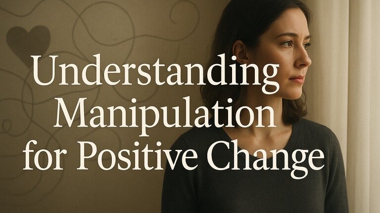 A thoughtful woman gazes out a softly lit window with the words "Understanding Manipulation for Positive Change" overlaid on a neutral background with abstract lines.