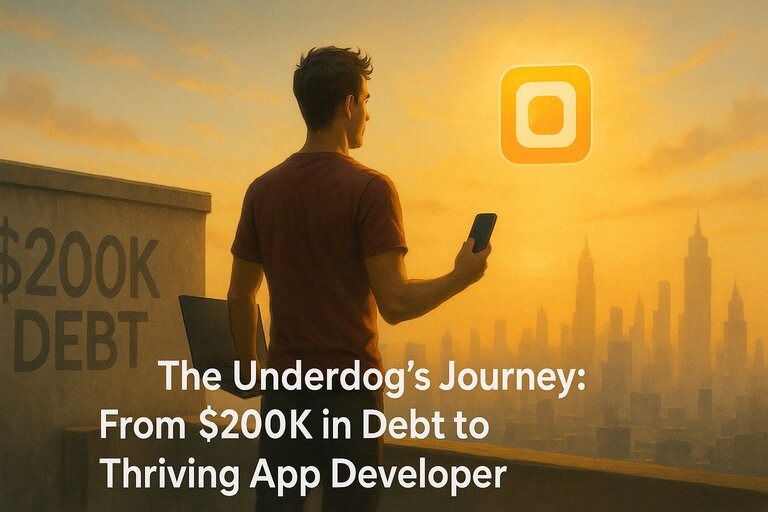 A man stands on a rooftop at sunrise holding a smartphone and laptop, with a faded "$200K DEBT" on a nearby wall. Above a golden city skyline, a glowing app icon appears. Bold white text reads: "The Underdog's Journey: From $200K in Debt to Thriving App Developer."