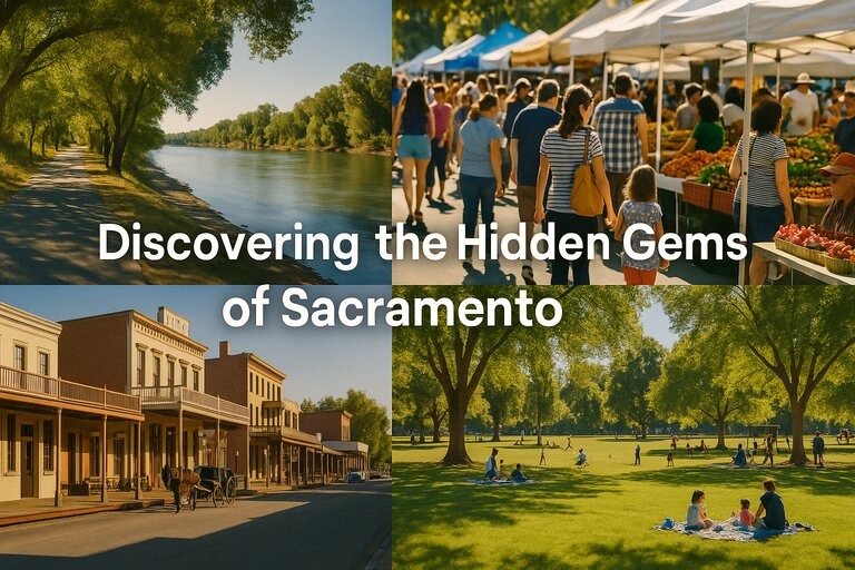 Collage of Sacramento landmarks including a shady river trail, bustling farmers market, historic Old Sacramento street, and a sunny public park with families, overlaid with the text “Discovering the Hidden Gems of Sacramento.”