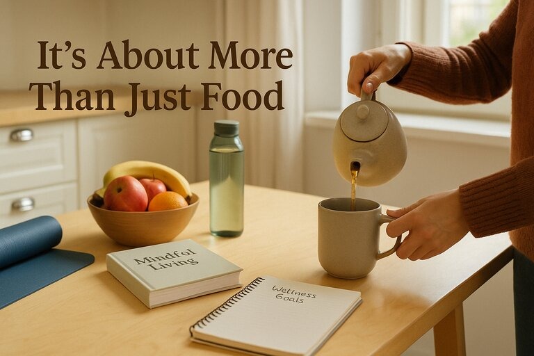 It’s about more than just food—image of a calm morning routine with tea, fruit, journal, and yoga mat representing a holistic approach to wellness.