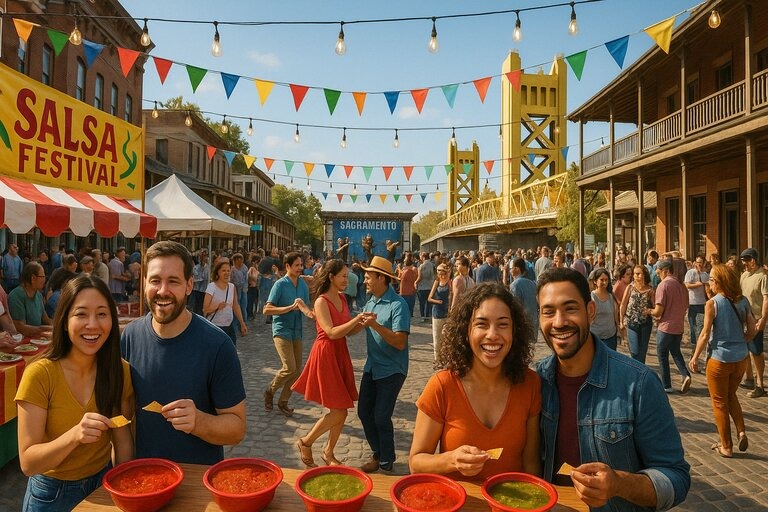 Crowds enjoying the Sacramento Salsa Festival at the Old Sacramento Waterfront with salsa tasting booths, live music, and dancing under springtime skies.