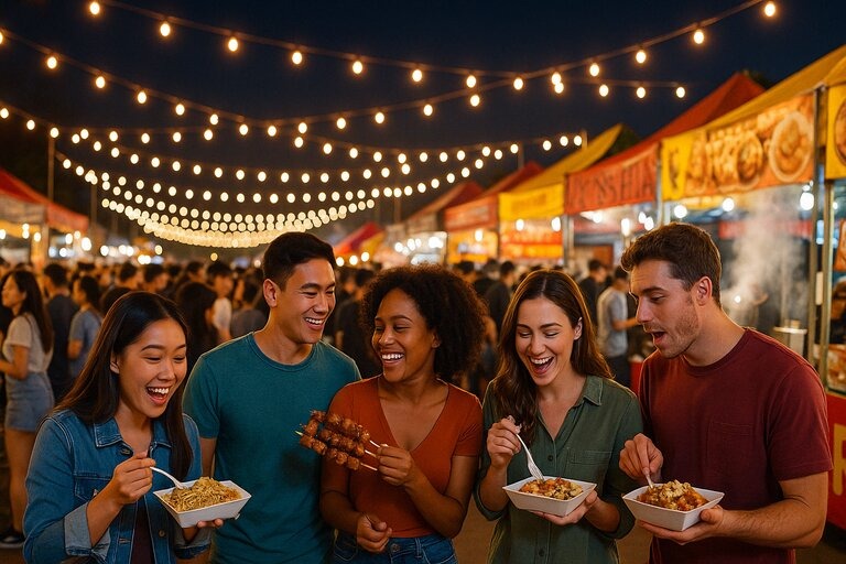 Crowd enjoying the lively atmosphere at FoodieLand Night Market with glowing string lights, food stalls, and people sampling dishes at Cal Expo.