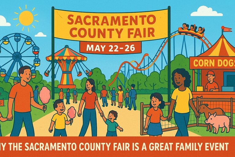 Families enjoying the Sacramento County Fair with carnival rides, food booths, and kid-friendly attractions at Cal Expo, May 22–26.