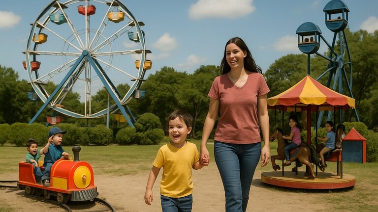 Family enjoying a sunny day at an amusement park with a kiddie train, Ferris wheel, and carousel in the background surrounded by trees and blue sky.