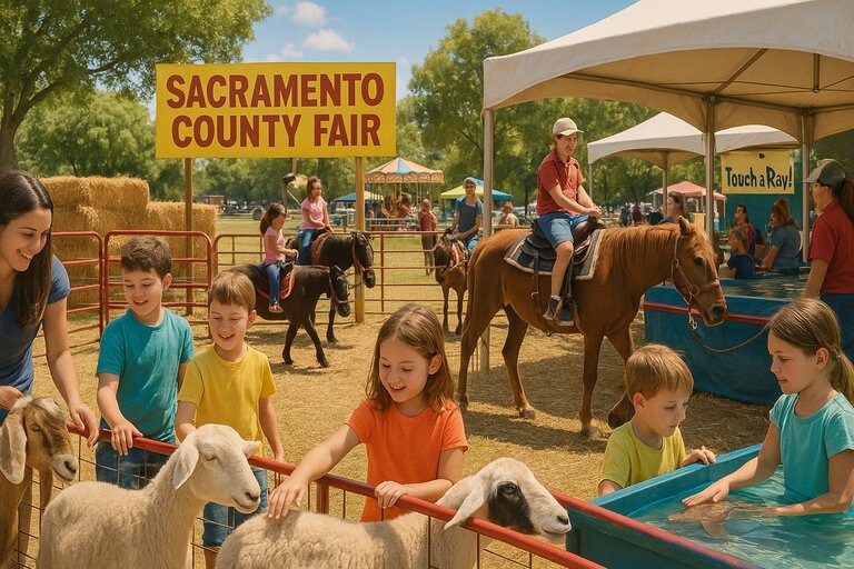Kids enjoy petting zoo animals, pony rides, and touching stingrays at the Sacramento County Fair, surrounded by animal pens and family-friendly fair attractions. 1/2