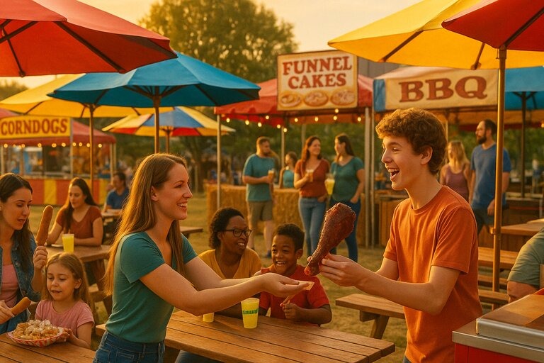 Visitors enjoy fair food at the Sacramento County Fair, with corn dogs, funnel cakes, and BBQ under colorful umbrellas in a fun, relaxed outdoor setting.