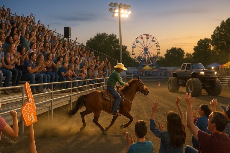 Crowds cheer from bleachers at the Sacramento County Fair arena as rodeo riders and monster trucks deliver high-energy action included with general admission.