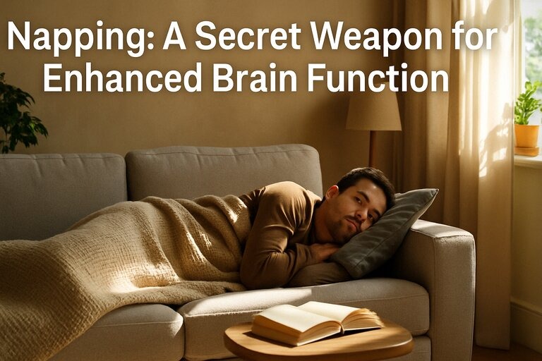Adult peacefully napping on a couch in a sunlit room with a blanket and book nearby, symbolizing how short naps boost brain function and mental clarity.
