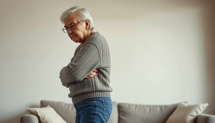 Older woman with weak back struggling to stand, modern setting.