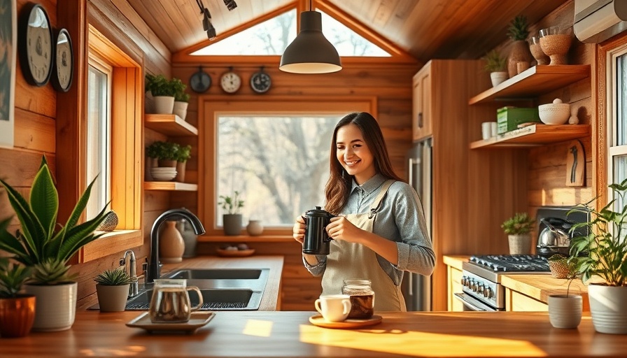 Cozy tiny house interior with a woman enjoying coffee, representing tiny house living for retirement financial freedom.