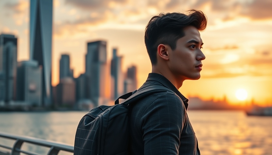 Modern man with sleek backpack by city skyline, best solar backpacks, sunset waterfront.