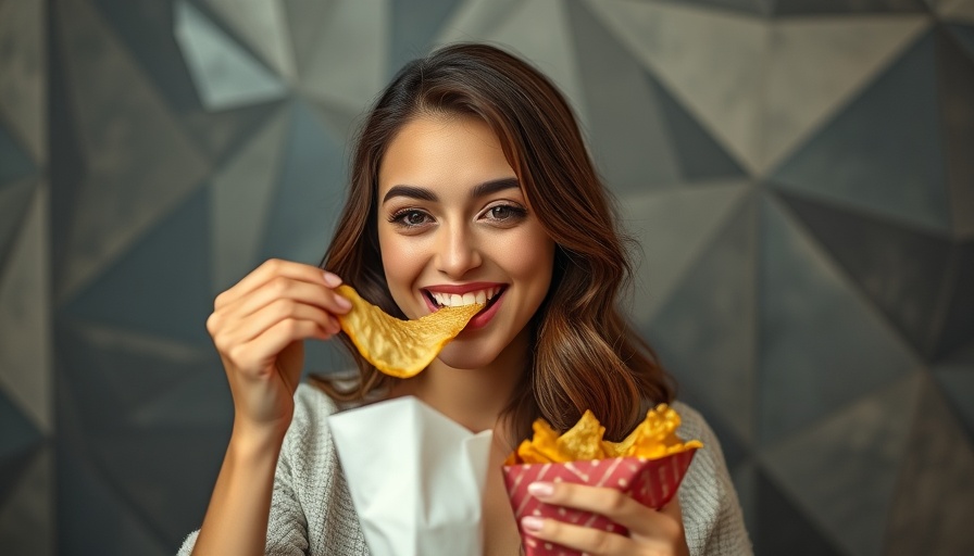 Young woman enjoys chips against abstract geometric background.