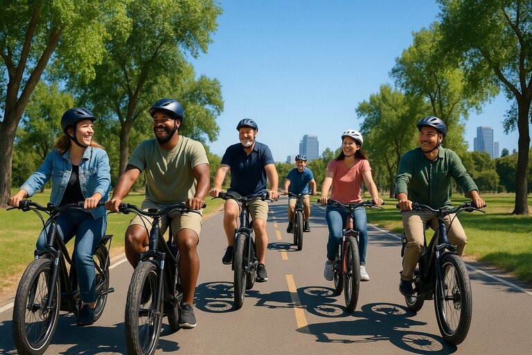 A diverse group of e-bike riders enjoys a group ride on a sunny day along a scenic Sacramento bike trail. The riders, smiling and engaged, include people of various ages and backgrounds. The clear blue sky and bright sunlight illuminate the path lined with green trees, creating a cheerful, community-focused atmosphere.