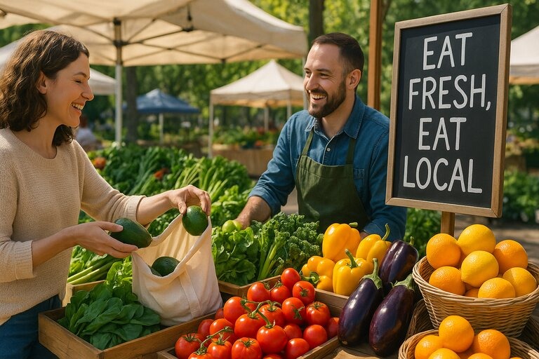 A colorful farmer’s market with fresh fruits and vegetables, highlighting the simplicity and joy of adopting a Mediterranean-style diet.