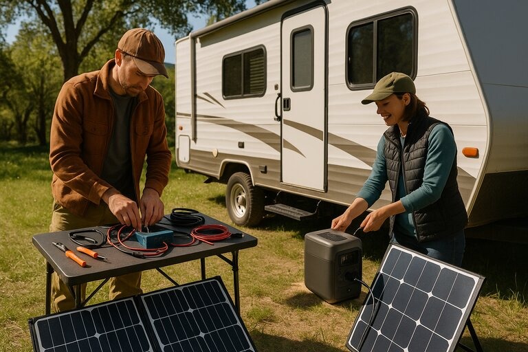 Two people setting up solar power systems beside an RV in a grassy campsite. One person is assembling components on a table for a DIY solar setup, while the other connects a plug-and-play solar generator to a portable solar panel.