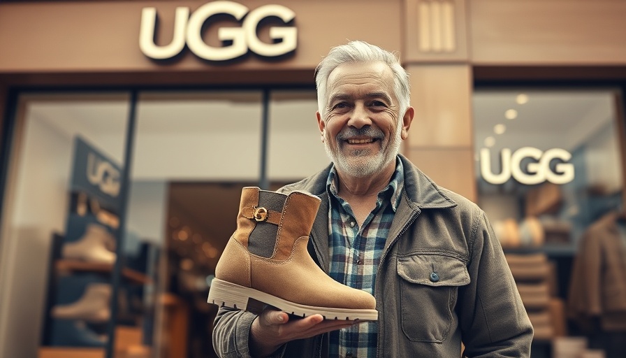 Sepia-toned photo of a man with an UGG boot outside a store.