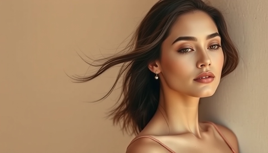 Elegant woman promoting Ultherapy PRIME, serene pose, beige background.