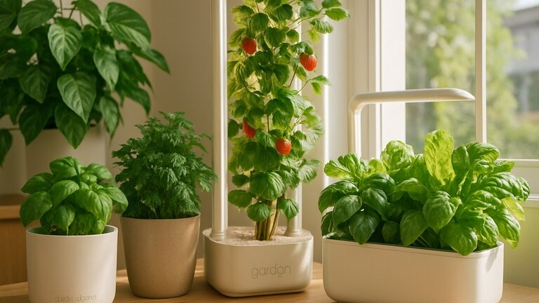 Indoor garden featuring lush green plants growing in sleek, eco-friendly planters from brands like Gardyn and Click and Grow, bathed in natural sunlight.
