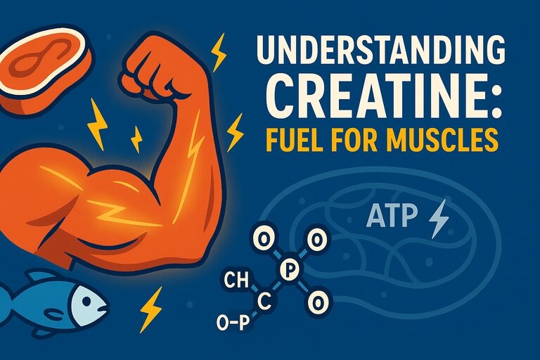 Illustration of a flexed muscular arm surrounded by lightning bolts, a steak, a fish, and a creatine molecule diagram, with the text 'Understanding Creatine: Fuel for Muscles' on a blue background."
