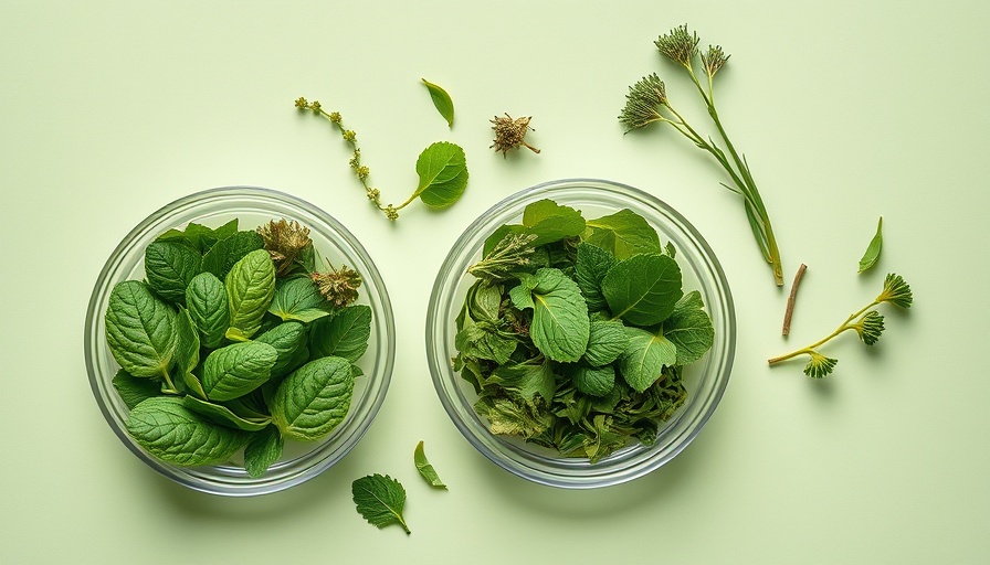 Assorted herbs in clear dishes on green background, highlighting plant-based treatment trends for spas.