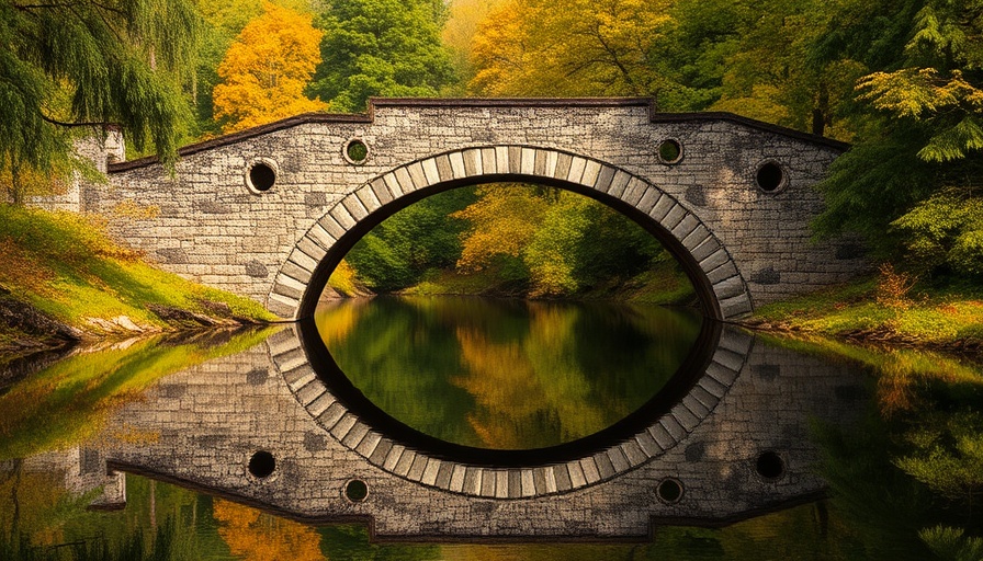 Serene ancient stone bridge over tranquil river in lush forest.