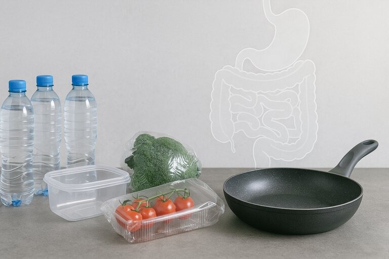 Plastic water bottles, a food container, broccoli wrapped in plastic, cherry tomatoes in a clamshell, and a black frying pan arranged on a bright countertop, with a faint outline of a human digestive system in the background.