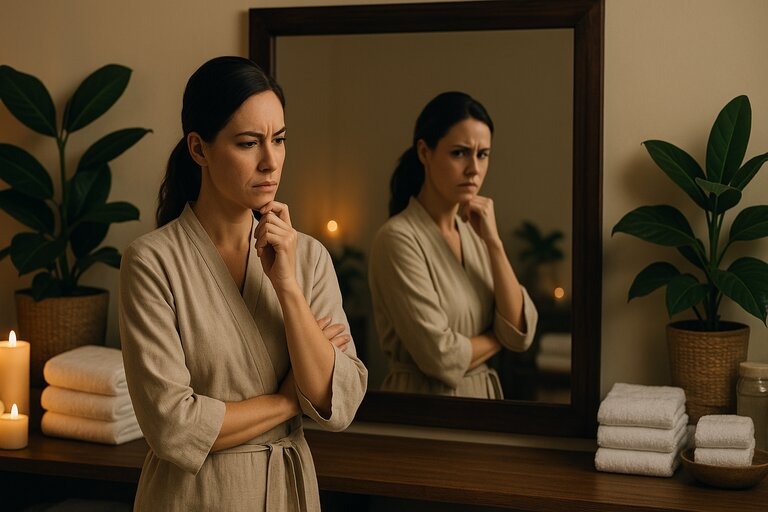 A light-skinned woman in a beige spa robe stands pensively before a mirror in a softly lit spa room, surrounded by candles, plants, and towels.
