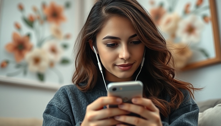 Young woman with earbuds looking at smartphone indoors