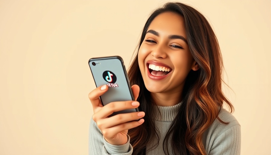 Excited woman with phone next to TikTok app display on smartphone.
