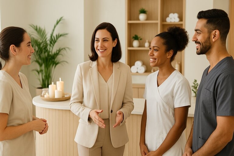 Four spa professionals stand together in a modern, softly lit spa reception area, engaged in cheerful conversation; a confident woman in a cream blazer leads the discussion, surrounded by a diverse team in light-colored uniforms, with candles and plants enhancing the serene atmosphere.