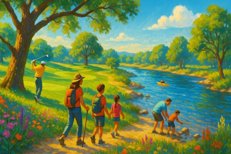 A vibrant, colorful illustration of Ancil Hoffman Park on a sunny day, showing families hiking along a flower-lined trail, a golfer swinging on a nearby green, a father and son skipping stones by the river, and a kayaker paddling downstream, all surrounded by lush green trees and a bright blue sky.