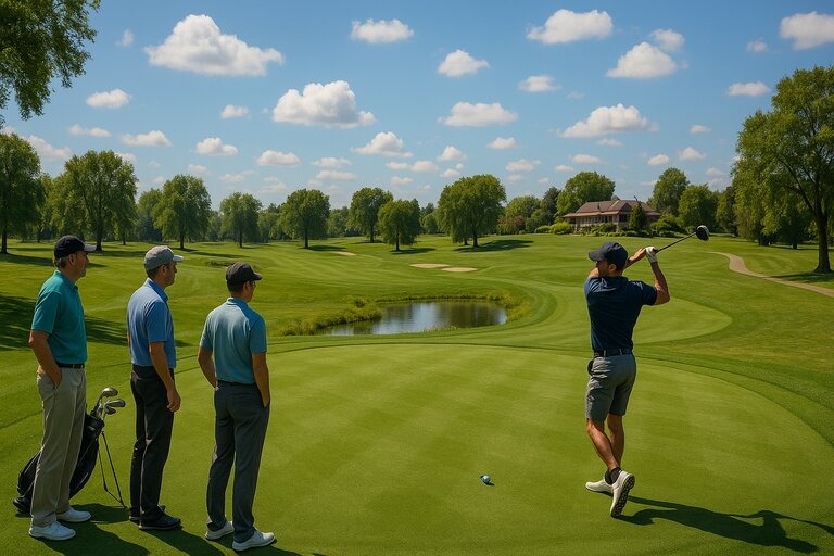 A photorealistic image of a golfer mid-swing on a sunny golf course, while three other golfers stand to the side watching. The scene features a lush green fairway, a small pond, scattered trees, and a clubhouse in the distance under a bright blue sky with fluffy white clouds.