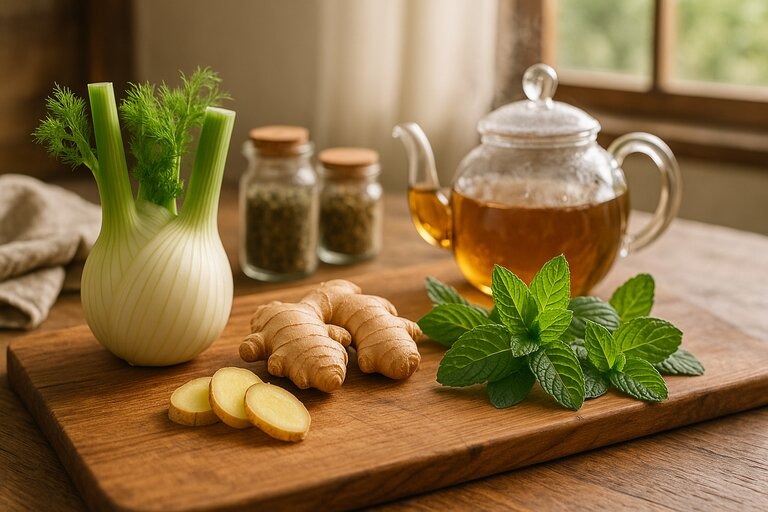 Fresh fennel bulb, sliced ginger, and mint leaves on a wooden cutting board beside a steaming glass teapot and jars of dried herbs in a sunlit rustic kitchen.
