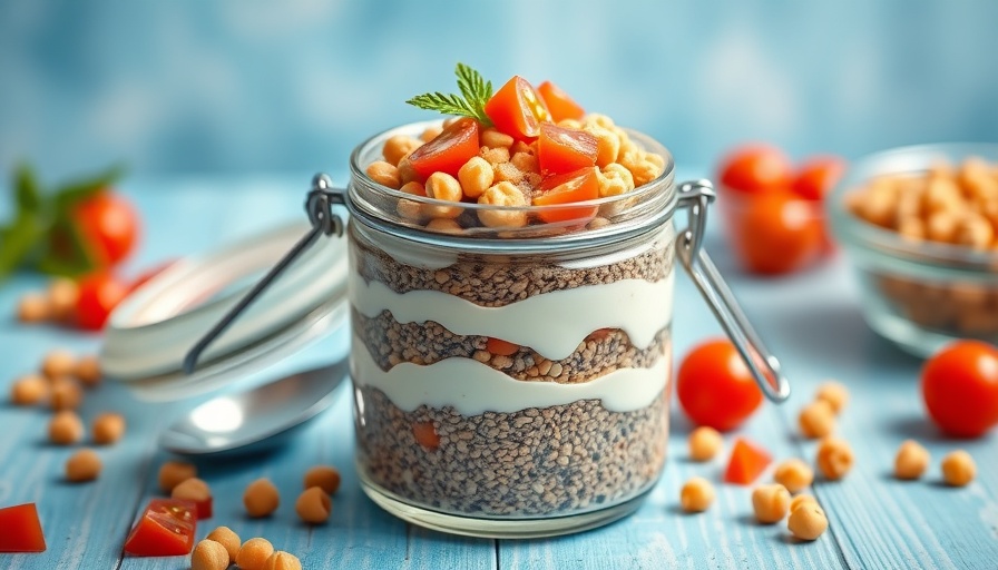 Vibrant high-protein snack recipe in a jar with yogurt, chickpeas, and tomatoes.