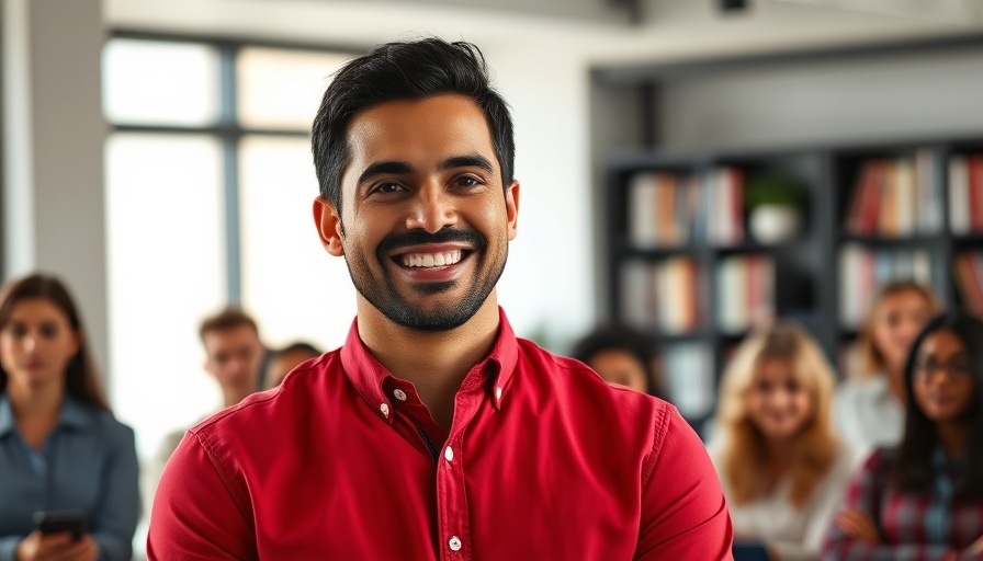 Confident speaker appearing more competent, smiling in a modern office.
